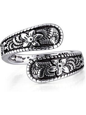 Women's Silver & Black Spoon Carving Design Stainless Steel Adjustable Ring